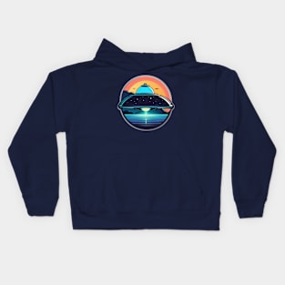 UFO Flying Saucer over sea with neon light Kids Hoodie